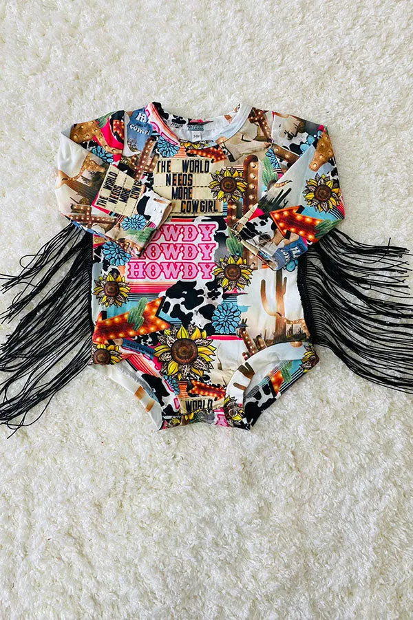 DLH2685 Western prints long sleeve baby romper with tassel