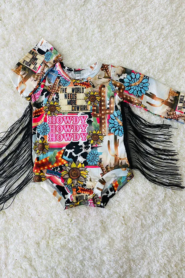 DLH2685 Western prints long sleeve baby romper with tassel